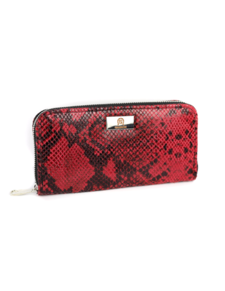 Portfel skórzany Korona - print wężowy malina
