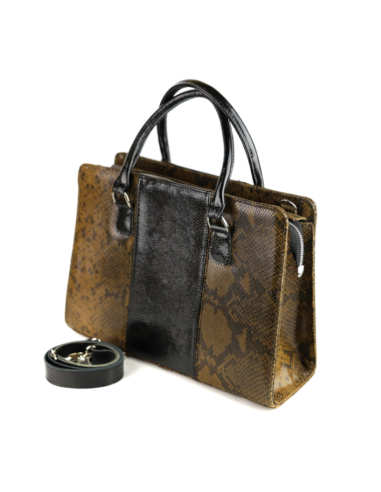 Torebka z 3 pasów - print wężowy ciemny brąz