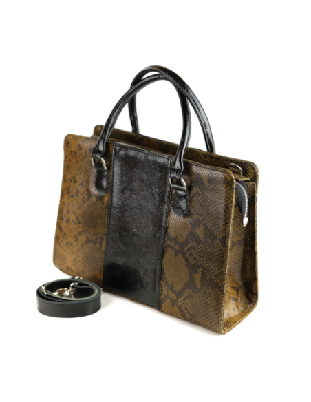 Torebka z 3 pasów - print wężowy ciemny brąz