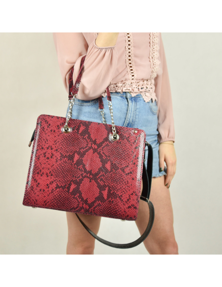 Shoper z łańcuszkiem - print wężowy malina